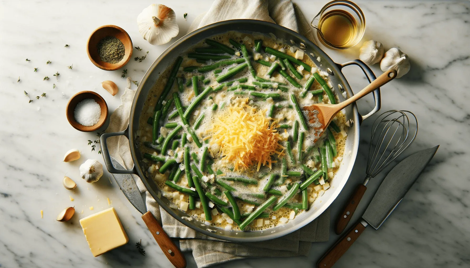 A skillet on a marble countertop with sautéed onions and garlic, a roux, and green beans in a creamy sauce, with wooden spoons