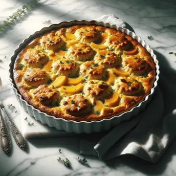 A squash casserole with a golden crust and visible biscuits on a white marble countertop, accented with fresh herbs and a serving spoon