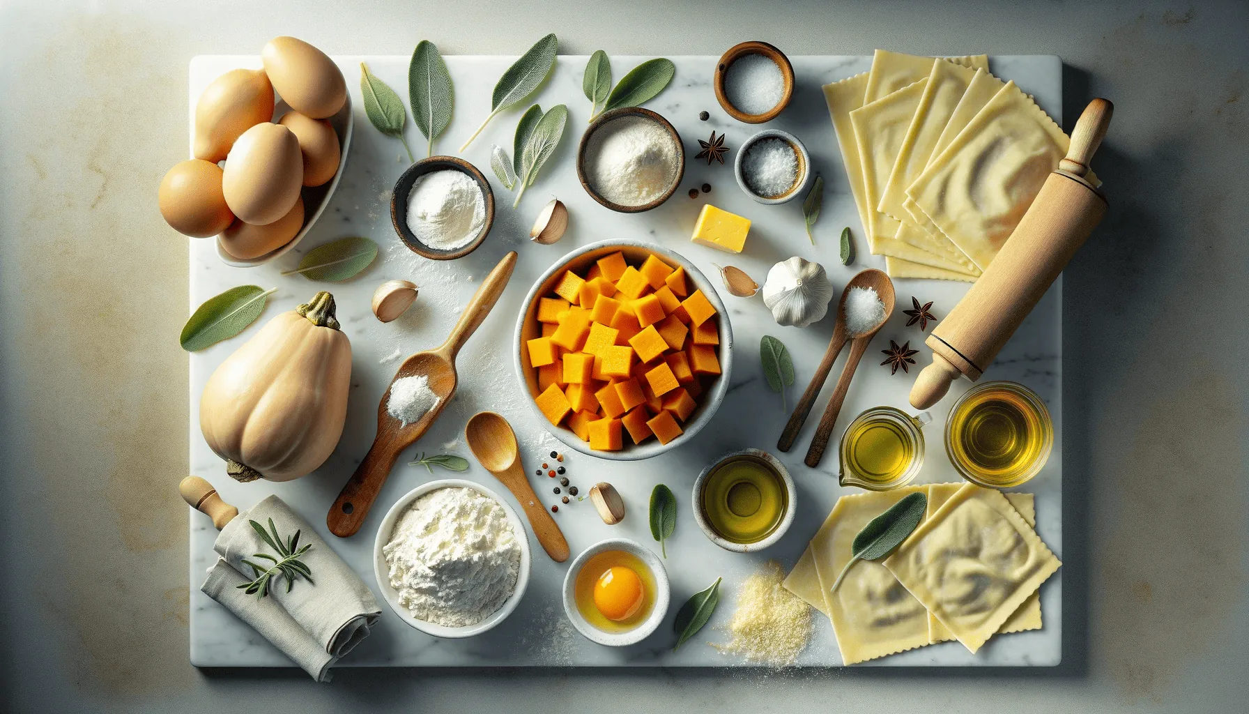 A variety of colorful cooking ingredients and wooden utensils laid out on a white countertop