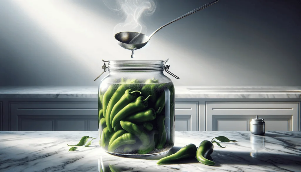 A white marble countertop with a jar of green peppers, a ladle, and steam