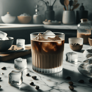 A glass filled with iced coffee, showcasing layers of milk and coffee mixing together, sits on a marble countertop surrounded by ice cubes, coffee beans, and brewing equipment.