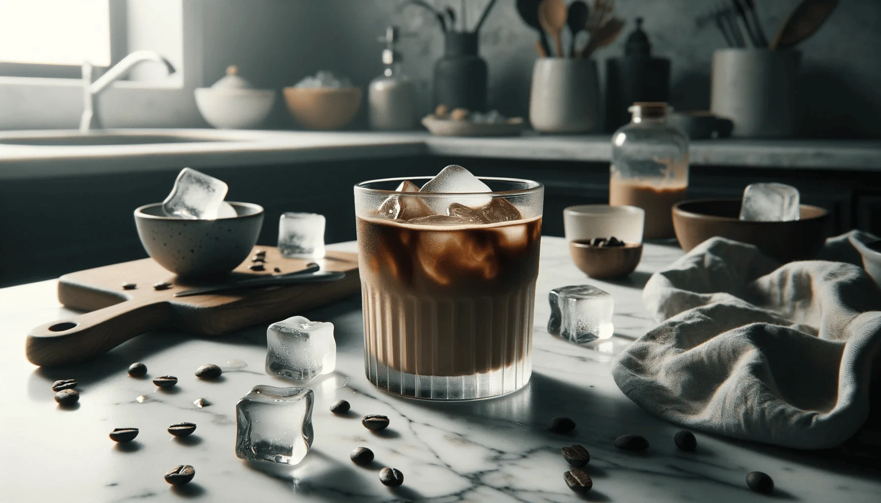 A glass filled with iced coffee, showcasing layers of milk and coffee mixing together, sits on a marble countertop surrounded by ice cubes, coffee beans, and brewing equipment.