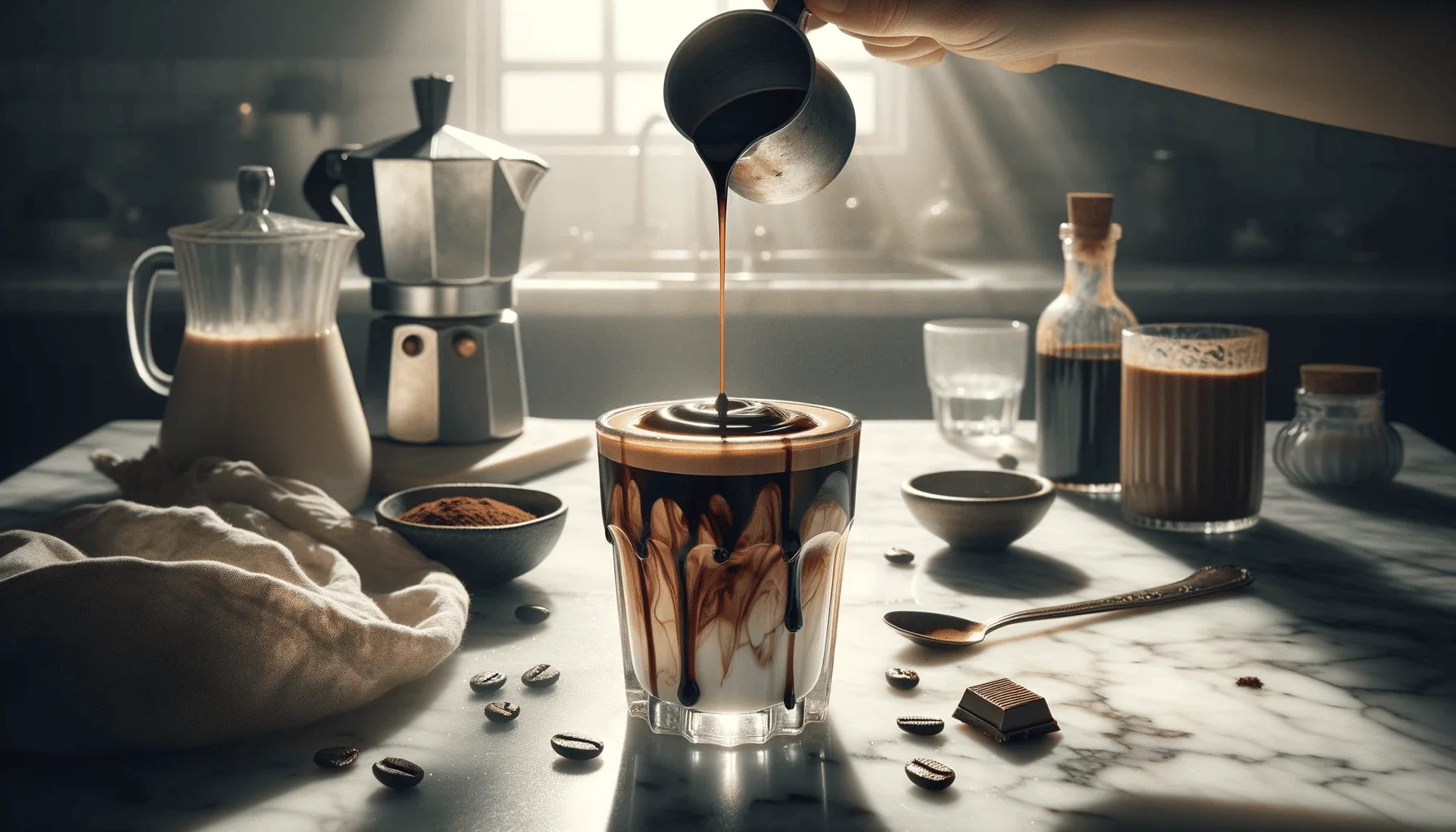A hand pours dark, rich chocolate syrup into a glass of iced mocha coffee, creating intricate patterns as it blends with the milk. The scene is set on a marble countertop, bathed in the warm glow of sunlight, with coffee-related items like a coffee pot, milk jug, and pieces of chocolate.