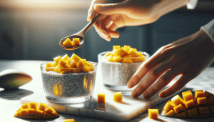 Glass jars of chia pudding being garnished with fresh cubed mango, with additional mango pieces on a cutting board nearby, highlighting the final step in the chia pudding recipe presentation.