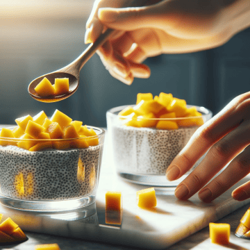 Glass jars of chia pudding being garnished with fresh cubed mango, with additional mango pieces on a cutting board nearby, highlighting the final step in the chia pudding recipe presentation.