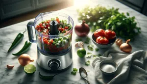 A food processor filled with diced vegetables on a marble countertop, surrounded by fresh produce including tomatoes, a lime cut in half, onions, garlic, and green herbs, with sunlight casting a warm glow over the scene, indicating preparation for a fresh meal or garnish.