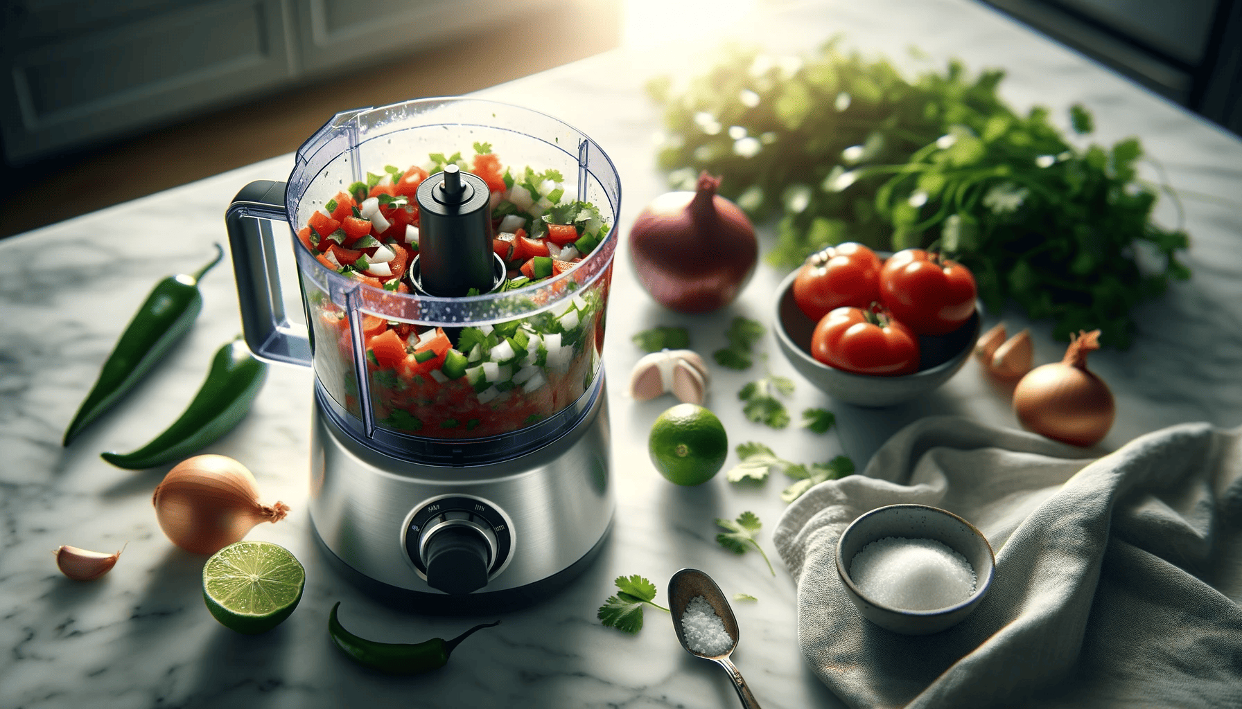 A food processor filled with diced vegetables on a marble countertop, surrounded by fresh produce including tomatoes, a lime cut in half, onions, garlic, and green herbs, with sunlight casting a warm glow over the scene, indicating preparation for a fresh meal or garnish.