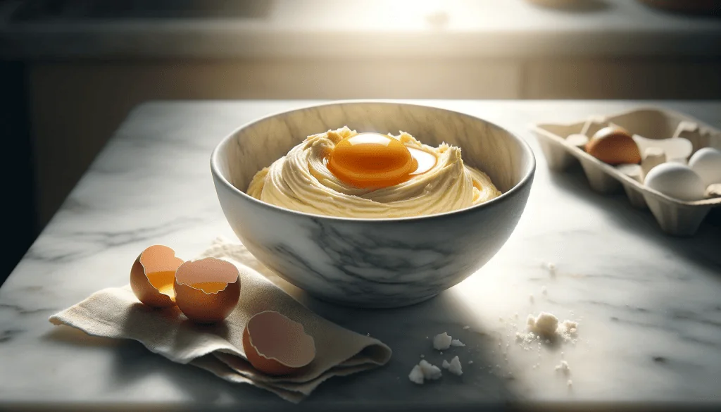 An egg being added to the creamed butter and sugar mixture