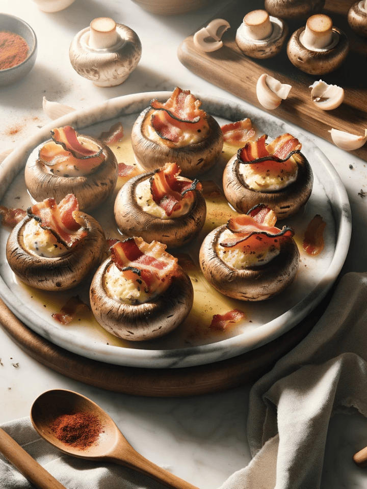 Bacon and cream cheese stuffed mushrooms, ready to serve