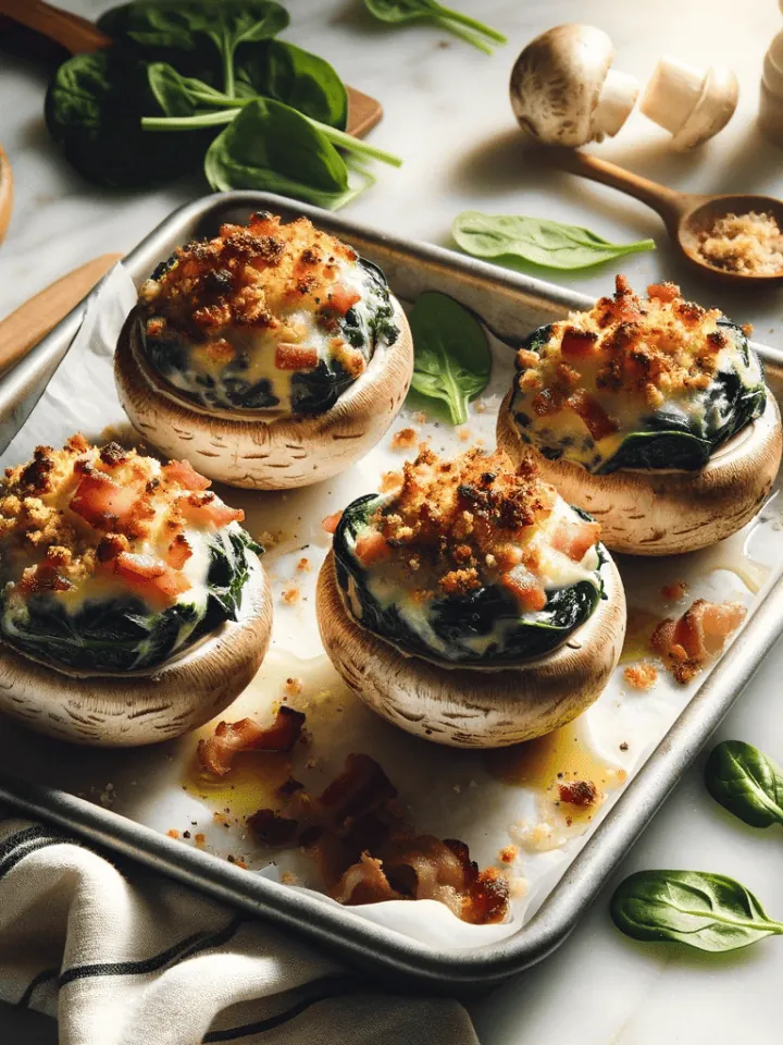 Bacon spinach and four cheese stuffed mushrooms, ready to serve