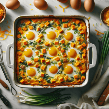 Baked sweet potato casserole on a marble countertop, surrounded by cooking utensils