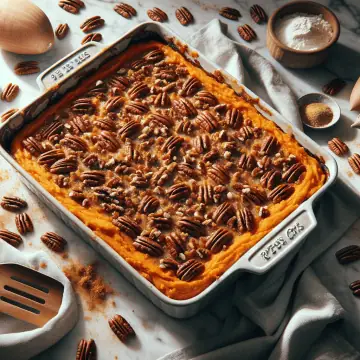 Baked sweet potato casserole with pecan topping on a marble countertop