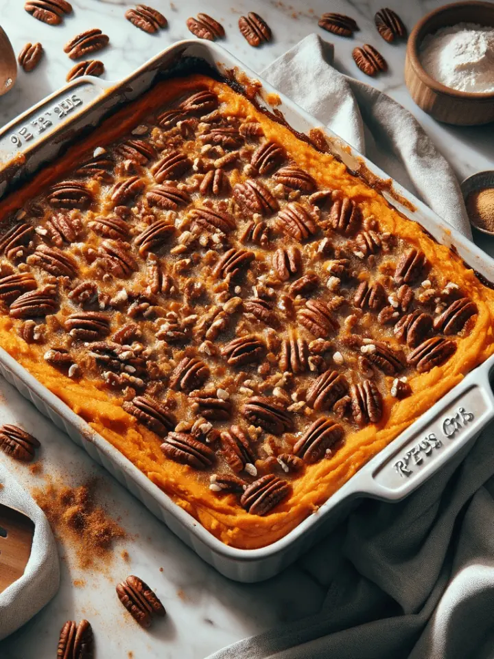 Baked sweet potato casserole with pecan topping on a marble countertop