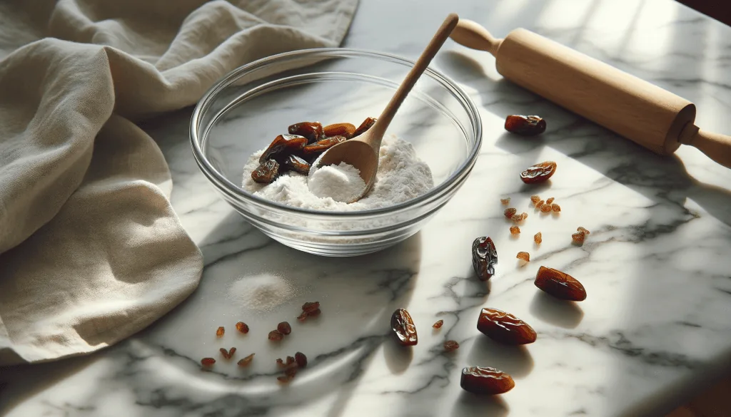 Baking soda is mixed with chopped dates in a glass bowl