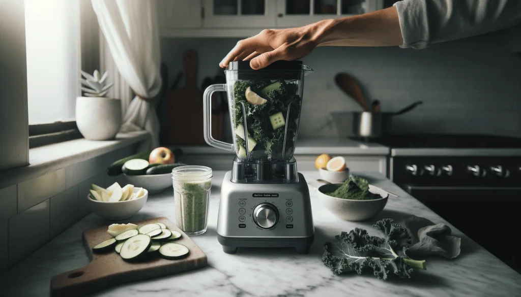 A person's hand is placing kale into a high-powered blender on a kitchen counter, with sliced cucumbers, apple wedges, and a glass of green smoothie visible, suggesting the process of making a healthy, blended kale tonic.