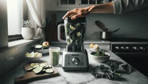 A person's hand is placing kale into a high-powered blender on a kitchen counter, with sliced cucumbers, apple wedges, and a glass of green smoothie visible, suggesting the process of making a healthy, blended kale tonic or smoothie.