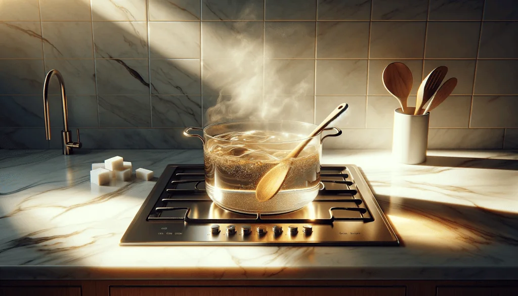 Boiling brine mixture in a pot on a stove with a wooden spoon on a marble countertop