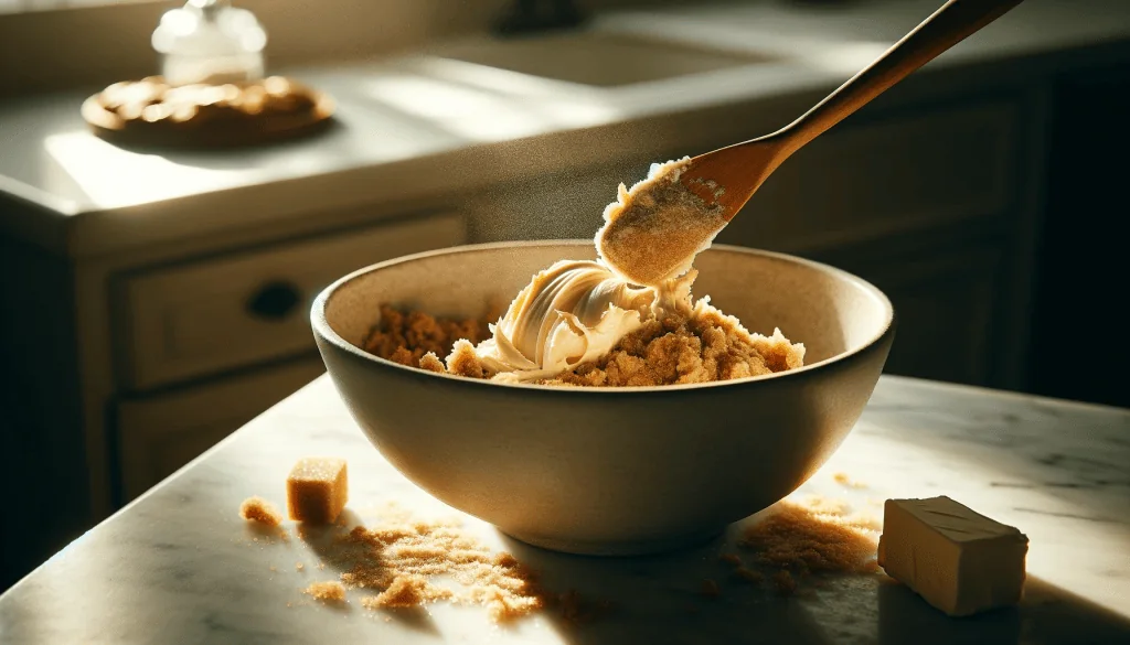 Butter and brown sugar being creamed in a mixing bowl