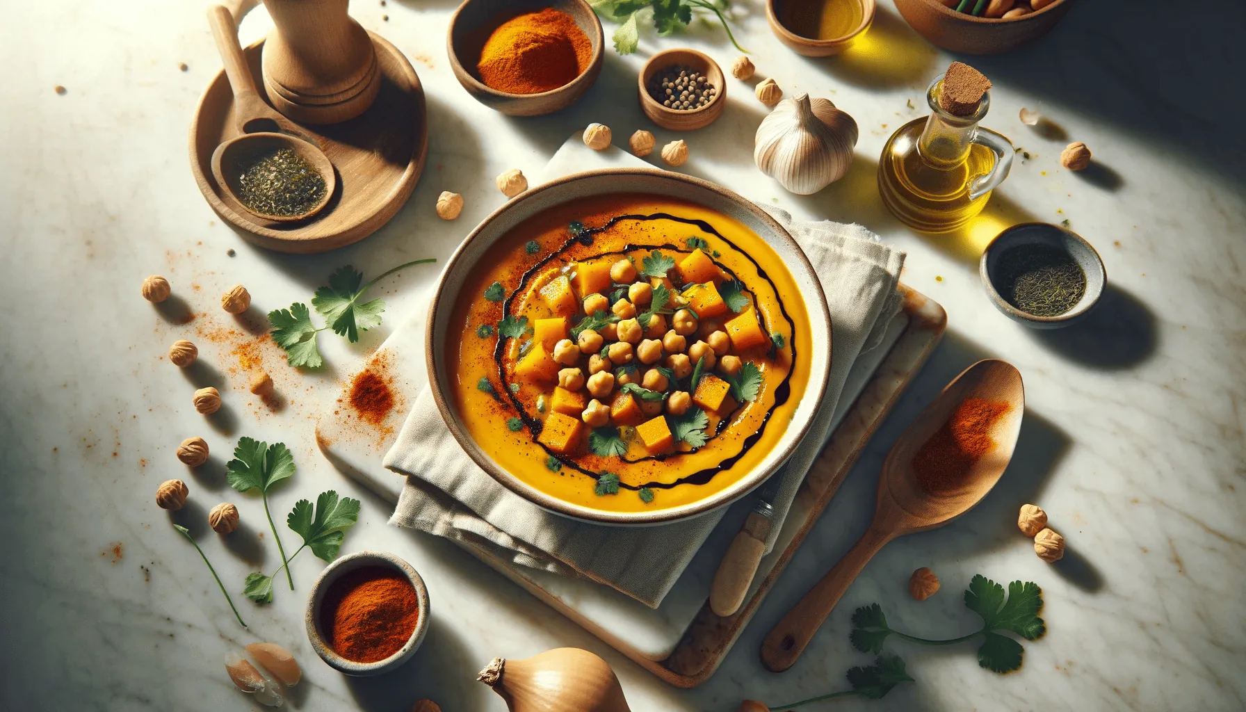Butternut squash and chickpea soup, ready to serve