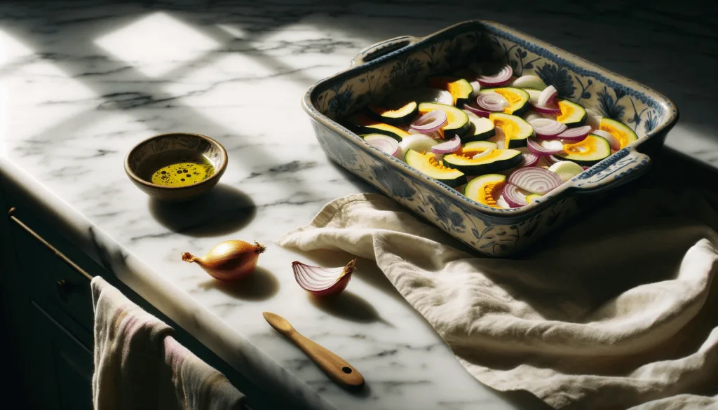 Ceramic baking dish with yellow squash and onions, next to olive oil on a marble countertop