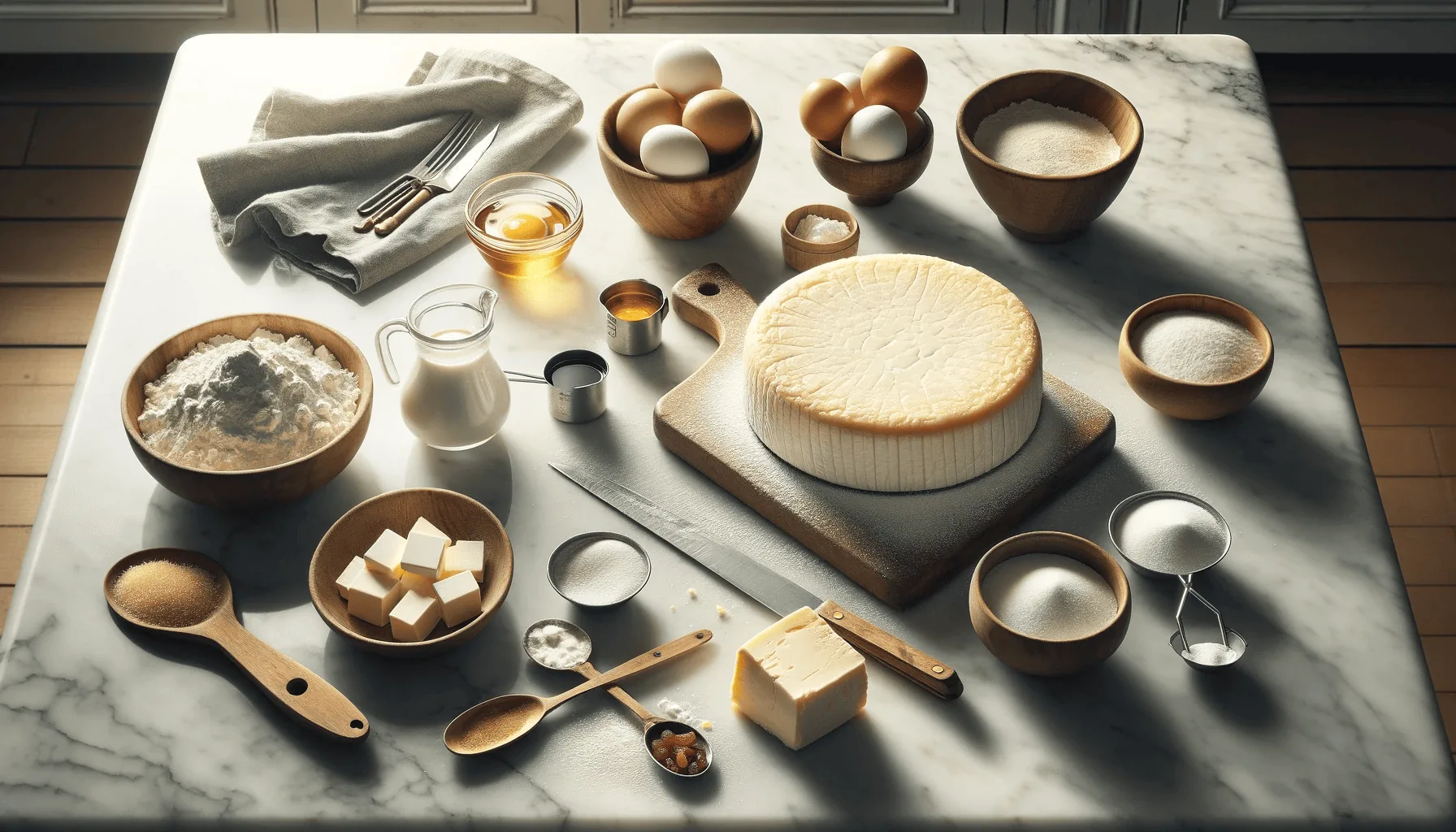 Cheesecake ingredients arranged on a white marble kitchen top