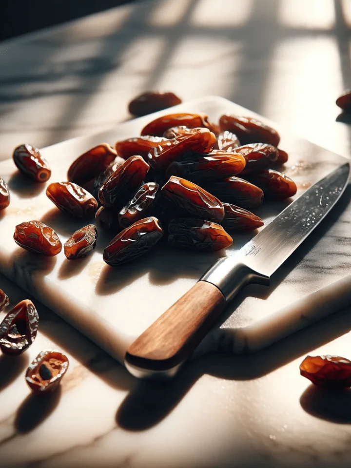 Chopped dates on a wooden cutting board with a knife