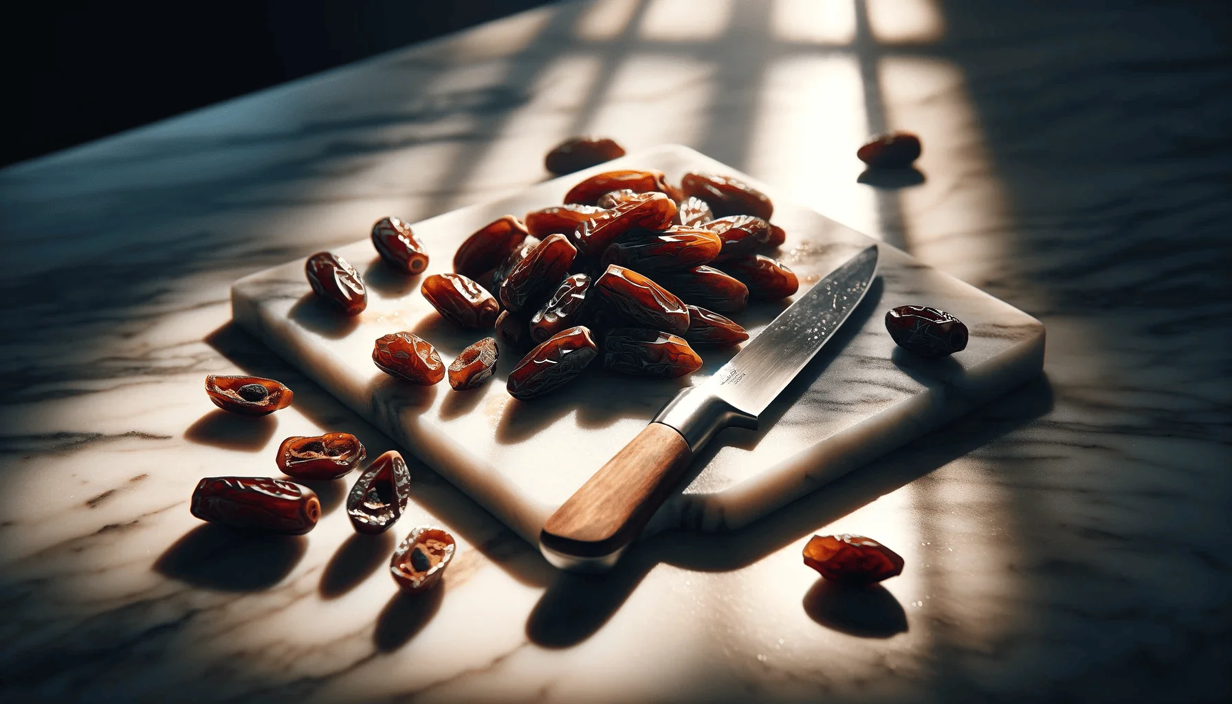Chopped dates on a wooden cutting board with a knife