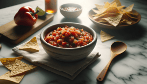 A bowl of freshly made salsa rests on a napkin on a marble surface, accompanied by tortilla chips on a plate, a wooden spoon, and a whole red bell pepper and lime in the background, suggesting a snack or appetizer setup.