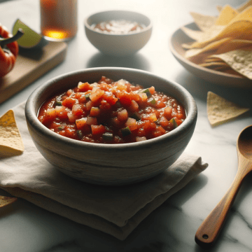 A bowl of freshly made salsa rests on a napkin on a marble surface, accompanied by tortilla chips on a plate, a wooden spoon, and a whole red bell pepper and lime in the background, suggesting a snack or appetizer setup.