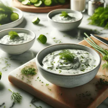 Two bowls of freshly prepared ranch dressing garnished with dill and chives on a kitchen counter, with a cutting board and a knife to the side and ingredients like cucumbers, herbs, and a lime in the background, suggesting a cool, herby condiment ready to be served.