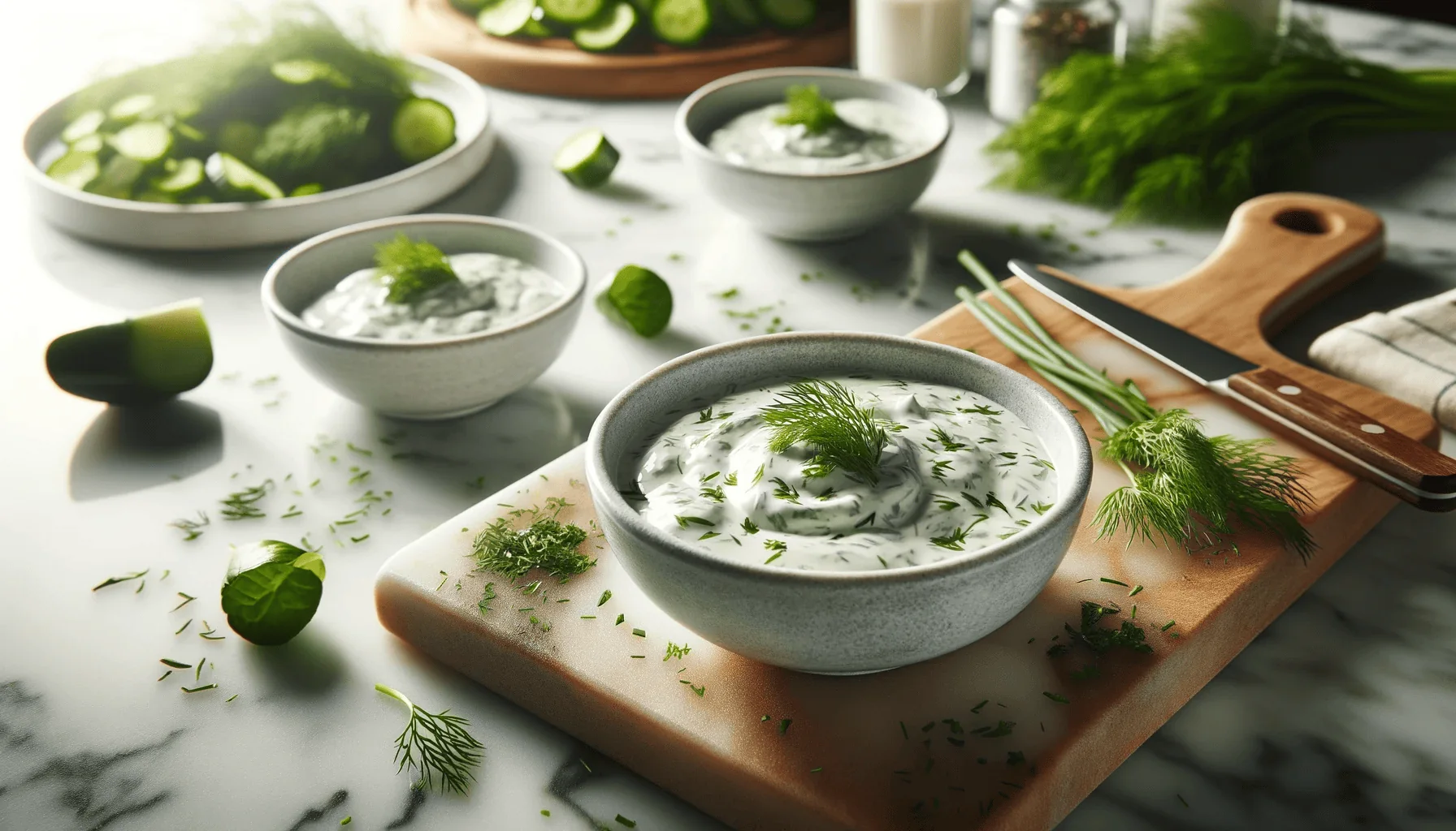 Two bowls of freshly prepared ranch dressing garnished with dill and chives on a kitchen counter, with a cutting board and a knife to the side and ingredients like cucumbers, herbs, and a lime in the background, suggesting a cool, herby condiment ready to be served.