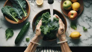 Hands washing fresh kale leaves under a stream of water in a dark wooden bowl at a sink, with a cucumber, lemon, and a wooden bowl of assorted greens to the side, and apples nearby, representing a step in the preparation of a healthy meal.