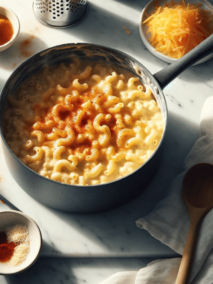 Completed stovetop mac and cheese in a pot, ready to serve, with cooking utensils and spices around
