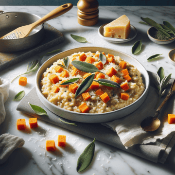 Completed sweet potato risotto plated on a marble surface with garnishes and utensils