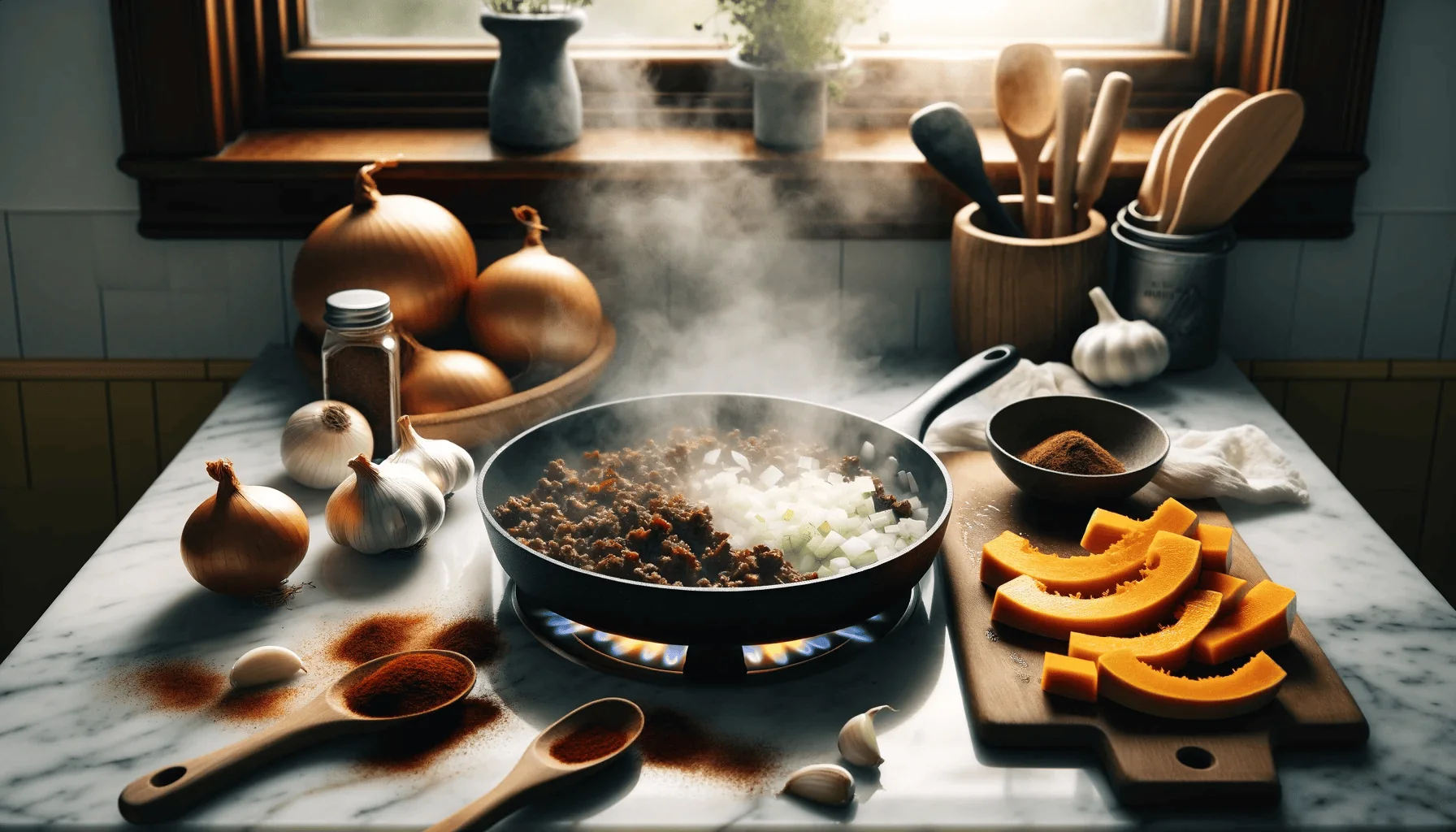 Cooking process with ingredients in a skillet