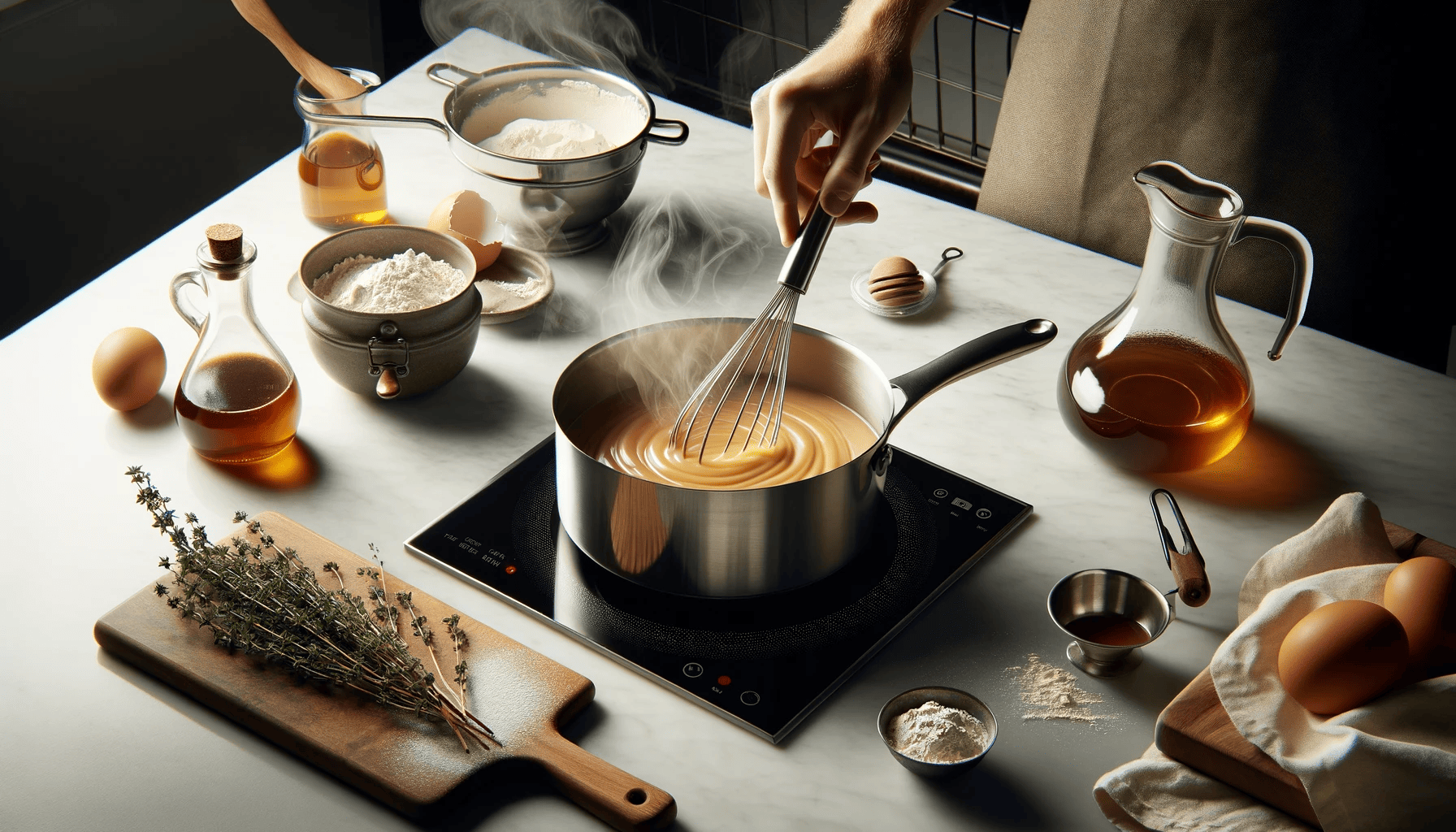 Cooking turkey gravy with a whisk in a saucepan and ingredients on a marble countertop