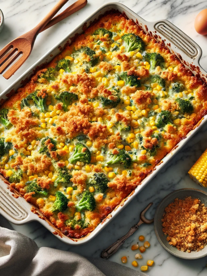 Corn and broccoli casserole, ready to serve