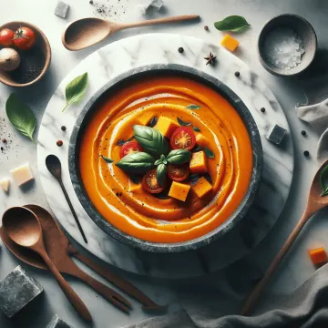 Cozy autumn butternut and tomato soup, ready to serve