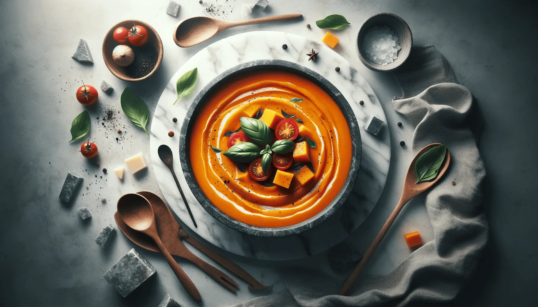 Cozy autumn butternut and tomato soup, ready to serve