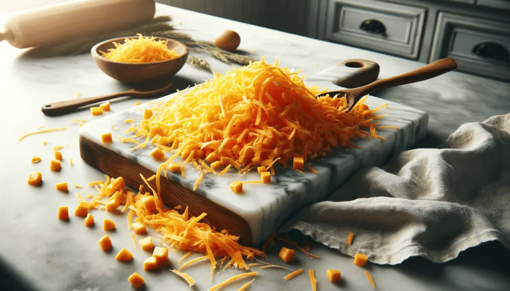 Shredded cheddar cheese atop a mound of corn mixture on a wooden cutting board, which sits on a white marble countertop with soft natural light highlighting the textures and colors.