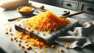 Shredded cheddar cheese atop a mound of corn mixture on a wooden cutting board, which sits on a white marble countertop with soft natural light highlighting the textures and colors.