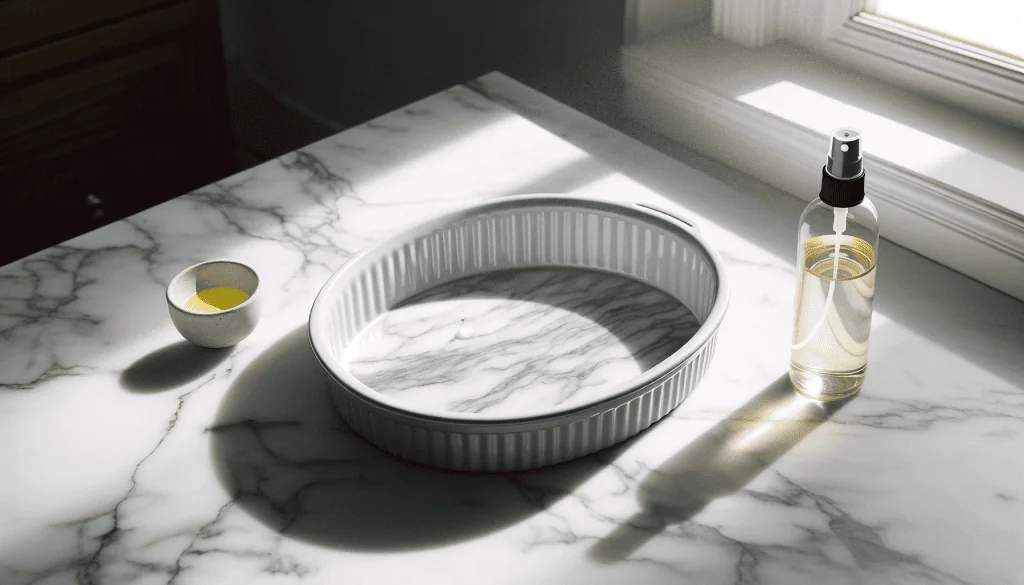 The kitchen scene features a white marble surface with a baking dish prepared with oil spray at the center.