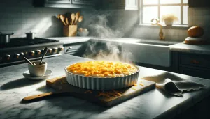 The photo captures a just-baked corn casserole on a pristine white marble surface with minimal gray veins, the top generously sprinkled with cheddar cheese that's melting and creating a tempting texture, as steam rises against a backdrop of soft, natural light.