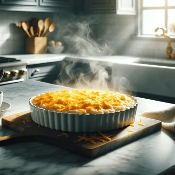 The photo captures a just-baked corn casserole on a pristine white marble surface with minimal gray veins, the top generously sprinkled with cheddar cheese that's melting and creating a tempting texture, as steam rises against a backdrop of soft, natural light.