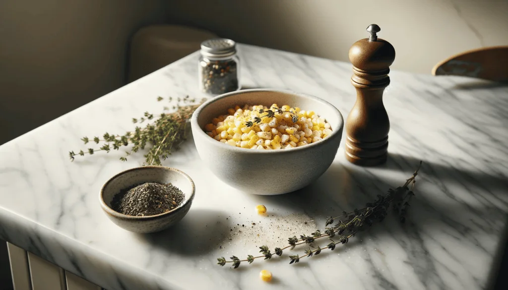 A small ceramic bowl of dried thyme and a pepper mill are placed next to a bowl of corn mixture on a white marble countertop, with the seasonings visibly enhancing the dish.