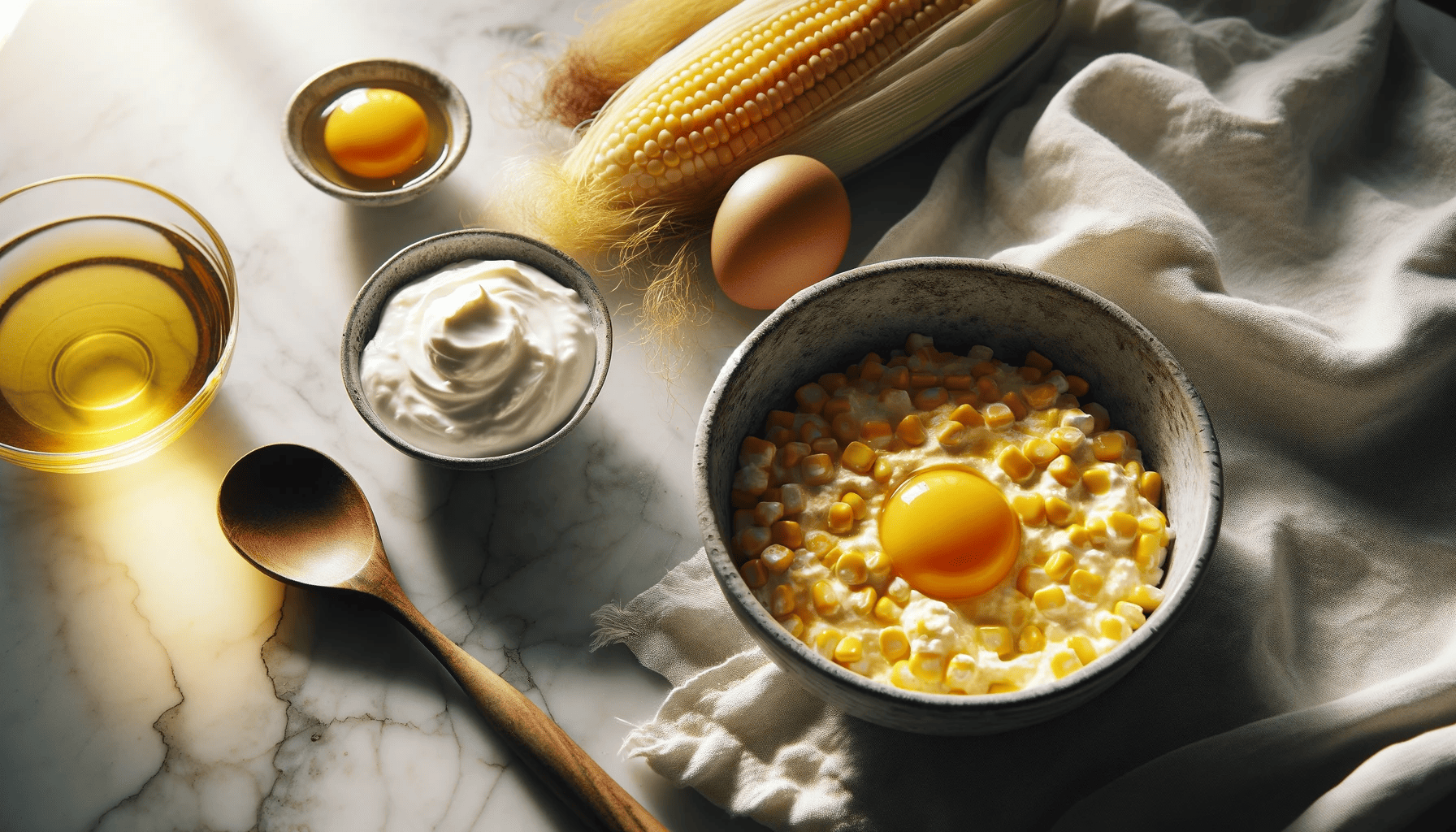 A bowl of golden corn mixture with a spoonful of sour cream on a white marble surface. Two egg yolks sit next to the bowl, suggesting the next step in the recipe preparation, under the gentle glow of natural light.