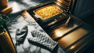 An oven mitt lies next to an open oven where a corn casserole bakes, illuminated by the oven light, on a white marble countertop under natural lighting.