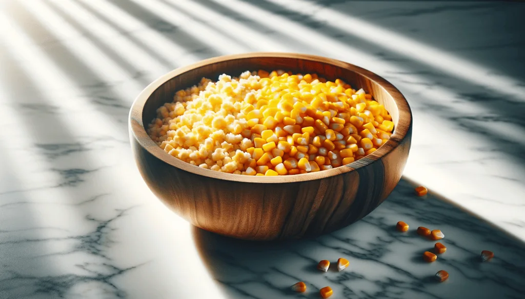 A large wooden bowl full of yellow whole kernel and creamed corn mixture sits on a shiny white marble countertop, illuminated by a soft natural light that highlights the varying textures of the corn.