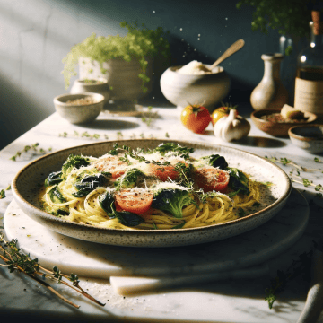 Creamy chicken orzo with garnishes on a marble countertop