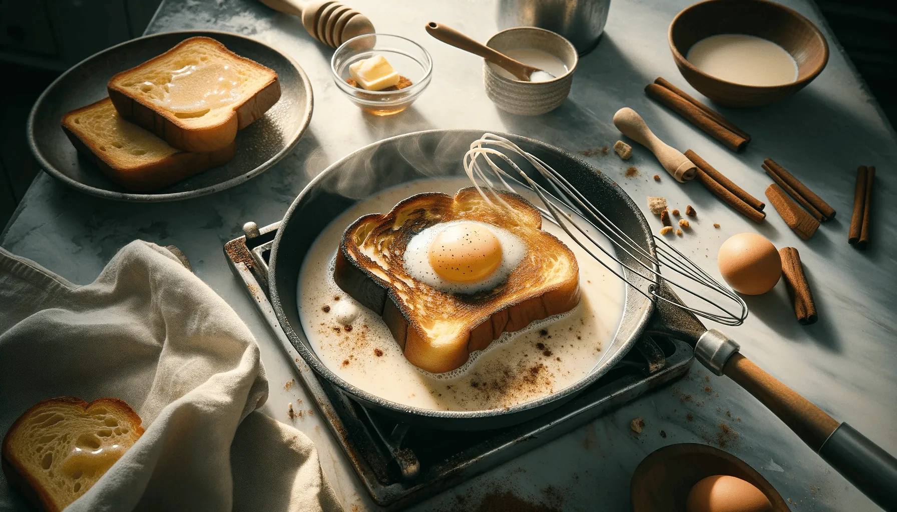 Eggnog French toast in preparation, featuring soaked brioche slices being cooked in a skillet on a marble countertop